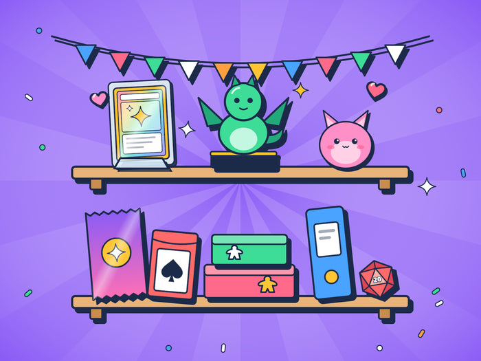 Verzamelkast van Collegged met een holo kaart, drakenbeeldje, plushie, boosterpack, speelkaarten, bordspellen, binder en dobbelsteen